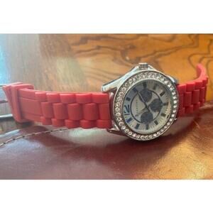 Women's 40mm Silver Tone Attention Watch, Crystal Accents, Red Poly Band
